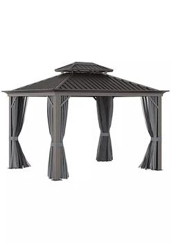 Outsunny | 12' x 10' Hardtop Patio Gazebo Canopy Outdoor Pavilion with Galvanized Steel Frame Netting Sidewalls Curtains Charcoal Grey,商家Belk,价格¥14630