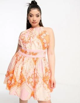 ASOS | ASOS DESIGN Curve halter mini sundress in pink scarf print 6.9折, 独家减免邮费