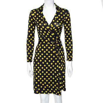 product Diane Von Furstenberg Black Printed Silk Jersey New Jeanne Wrap Dress S image