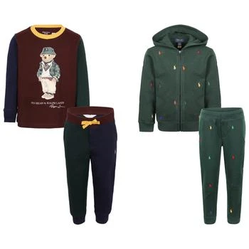 推荐Polo bear color block t shirt and swetpants with side pockets and green hoodie zip up and sweatpants in set商品