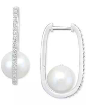 Effy | EFFY® Cultured Freshwater Pearl (8mm) & White Topaz (1/5 ct. t.w.) Oval Small Hoop Earrings in Sterling Silver,商家Macy's,价格¥2626