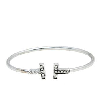 商品Tiffany & Co. T Wire Diamond 18k White Gold Open Cuff Bracelet SM图片