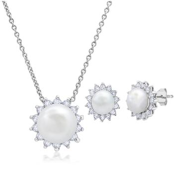 推荐Sterling Silver Pearl & White Topaz 7MM Pendant Necklace and 6MM Stud Earring Set 18 inch商品