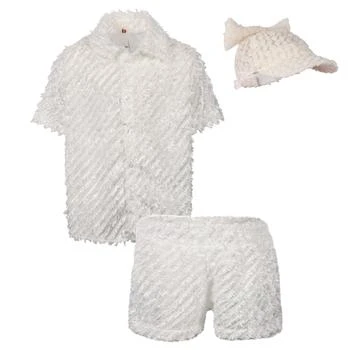 推荐Ruffled tassel shirt shorts and cap set in off white商品