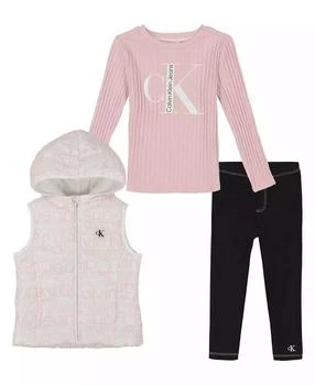 Calvin Klein | Toddler and Little Girls Logo-Print Puffer Vest, Long Sleeve Ribbed Logo Tee Jeggings, 3-Piece Set,商家Macy's,价格¥460