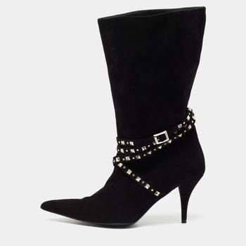 [二手商品] Versace | Versace Black Suede Studded Mid Calf Boots Size 38商品图片,满1件减$100, 满减