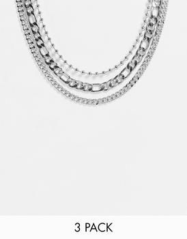 推荐ASOS DESIGN pack of 3 necklaces in mixed chains in silver tone商品