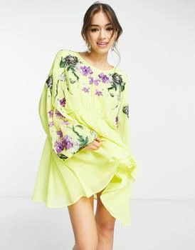 ASOS | ASOS EDITION blouson sleeve mini dress with embroidered bodice in yellow 5.5折, 独家减免邮费