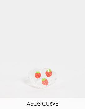 商品ASOS DESIGN Curve ring in heart shape with trapped strawberries in clear plastic图片
