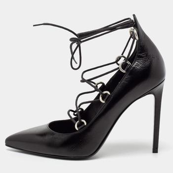 ysl高跟鞋价格, [二手商品] Yves Saint Laurent | Saint Laurent Black Leather Thorn Lace Up Pointed Toe Pumps Size 36商品图片 8.1折