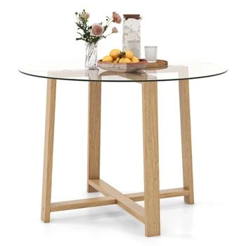 Hivvago | 42 Inches Round Glass Dining Table with Tempered Glass Tabletop and Rubber Wood Legs-Natural,商家Premium Outlets,价格¥1358