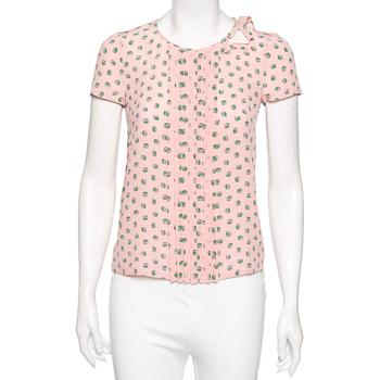 [二手商品] Prada | Prada Pink Dice Printed Silk Pleated Yolk Detail Short Sleeve Blouse S商品图片,2.8折