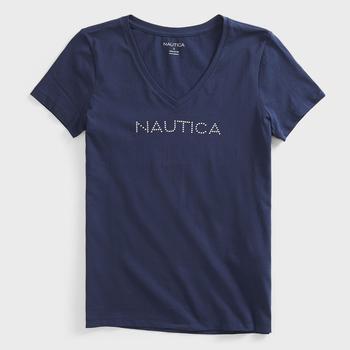 Nautica | Nautica Womens Studded Logo V-Neck T-Shirt商品图片,4.4折