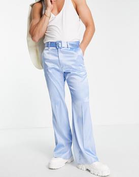 推荐ASOS DESIGN smart flared trousers with belt in high shine baby blue商品