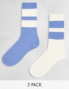 ASOS | ASOS DESIGN 2 pack ankle sock with wide stripes in blue and off-white 6.9折