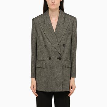 推荐Double-breasted jacket in black melange wool商品