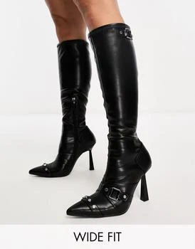 推荐ASOS DESIGN Wide Fit Cannes 2 heeled hardware knee boots in black商品