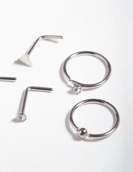 商品Rhodium Surgical Steel Geometric Diamante Nose Ring 6 Pack图片