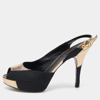 lv鞋, [二手商品] Louis Vuitton | Louis Vuitton Black/Gold Leather And Fabric Ankle Strap Platform Sandals Size 37.5商品图片 满1件减$100, 满减