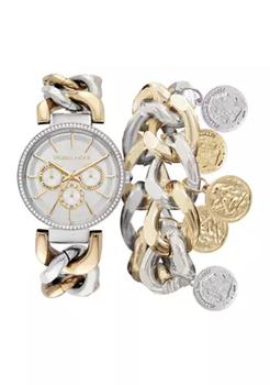 KENDALL & KYLIE | Silver and Gold Tone Metal Chunky Chain Strap Mock-Chronograph Analog Watch and Coin Bracelet Set商品图片,