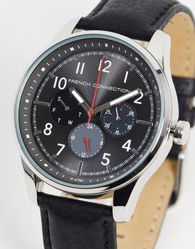 推荐French Connection classic quartz watch with real leather strap in black商品