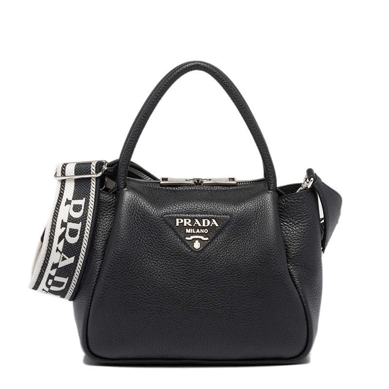 Prada | 【预售3-7天】PRADA/普拉达 22春夏新款 女士小号黑色皮革饰有三角徽标配织物肩带拉链开合单肩斜跨手提包1BC145_2DKV_F0002_V_3OO商品图片,8折, 包邮包税
