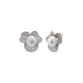 Pave Three Petal Imitation Pearl Stud Earring