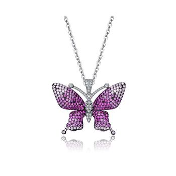 商品Sterling Silver with Rhodium and Black Plated Ruby Cubic Zirconia Butterfly Pendant Necklace图片