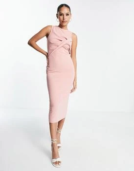 ASOS | ASOS DESIGN sleeveless bodycon midi dress with twist front detail in pink,商家ASOS,价格¥134