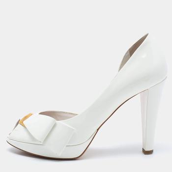 lv高跟鞋, [二手商品] Louis Vuitton | Louis Vuitton Off-White Patent Leather Apple Peep-Toe D'orsay Pumps Size 37商品图片 
