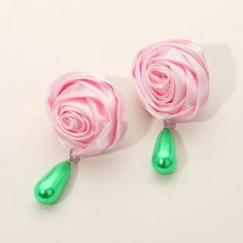 FASHNZFAB | Teardrop Pearl Dangle Satin Rose Earrings - Pink,商家Premium Outlets,价格¥142
