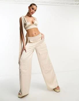 AsYou | ASYOU satin wide leg utility trousers with tie belt in champagne 6.3折
