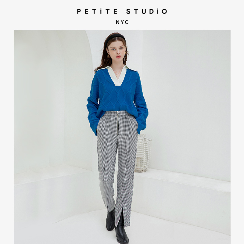 Petite Studio NYC | Addison千鸟格摩登时髦前开衩高腰裤 | Addison Pants -  Houndstooth商品图片,额外5折, 包邮包税, 额外五折