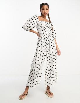 商品ASOS | ASOS DESIGN linen look shirred bodice puff sleeve jumpsuit in mono spot print,商家ASOS,价格¥391图片