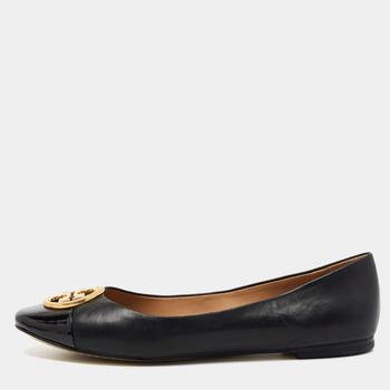 推荐Tory Burch Black Leather And Patent Leather Cap Toe Ballet Flats Size 37商品