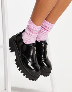 ASOS | ASOS DESIGN Martian chunky zip front flat shoes in black商品图片,额外8.5折, 额外八五折