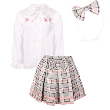 Caramelo Kids | Checkered pleated skirt blouse and hair band set in white grey and pink商品图片,5.9折×额外8.5折, 满$350减$150, 满减, 额外八五折