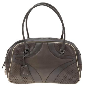 推荐Prada Grey/White Vitello Drive and Perforated Leather Bowler Bag商品