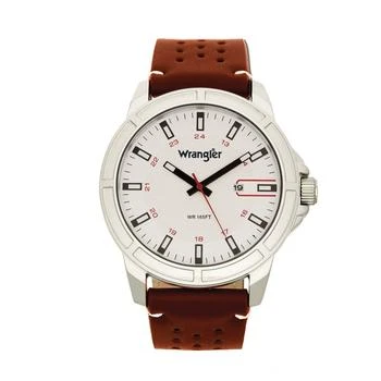 Wrangler | Men's, 48MM Silver Case with White Dial, White Index Markers, Sand Satin Dial, Analog, Date Function , Red Second Hand, Brown Strap with White Accent Stitch 