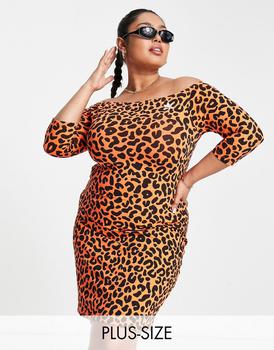 adidas plus, Adidas | adidas Originals x Rich Mnisi Plus all over leopard print bardot dress in orange商品图片 
