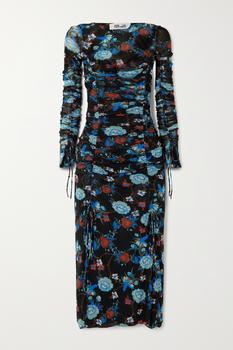 Diane von Furstenberg | Corinne 褶饰花卉印花网布中长连衣裙商品图片,5.9折