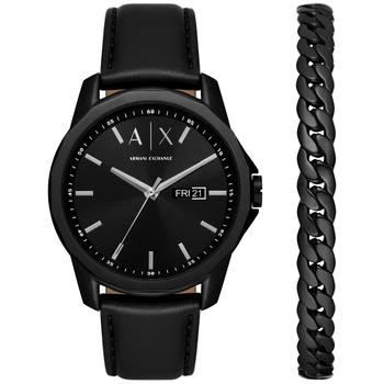 Armani Exchange | Men's Three-Hand Day-Date Quartz Black Leather Watch 44mm and Black Stainless Steel Bracelet Set 6.9折