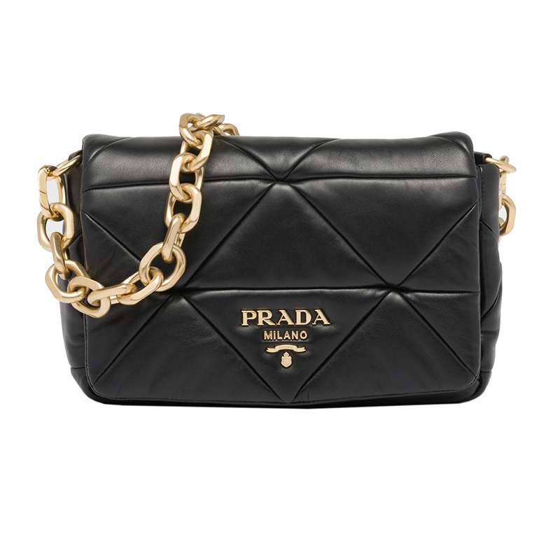 prada包好不好, Prada | PRADA/普拉达 22新款 System系列 女士黑色皮革三角形拼布图案拆卸链条金属徽标翻盖单肩包1BD328_2DMO_F0002_V_TWO商品图片 包邮包税
