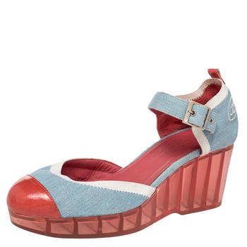 美国香奈儿鞋, [二手商品] Chanel | Chanel Blue/Red Denim And Paten Leather CC Cap Toe Wedge Platform Ankle Strap Sandals Size 40商品图片 7.4折