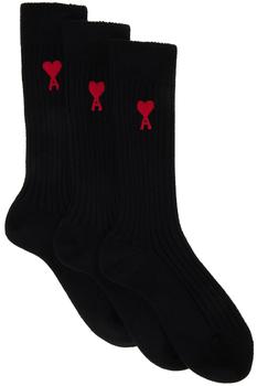 AMI | Three-Pack Black Ami de Cœur Socks商品图片,额外8.5折, 独家减免邮费, 额外八五折