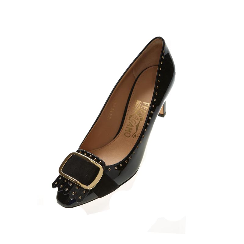 菲拉格慕女鞋板鞋, Salvatore Ferragamo | SALVATORE FERRAGAMO 女士黑色漆皮装饰金属扣高跟船鞋 0619228商品图片 独家减免邮费