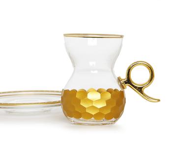 商品Set of 6 Tea Glasses with Handle and Saucers with Gold Hammered Design图片