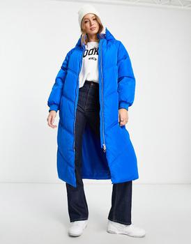 推荐Pieces longline padded coat with hood in bright blue商品