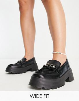 ASOS | ASOS DESIGN Wide Fit Mercury chunky loafers with chain in black商品图片,额外8.5折, 额外八五折