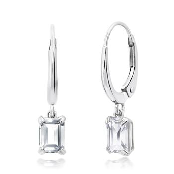 推荐10k White or Yellow Gold Emerald Cut 6x4mm Gemstone Dangle Lever Back Earrings with Push Backs商品